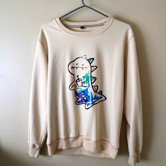 Scribble Dinosaur with Drink Beige Crew Neck Sweater Women's Size Small Cute - Picture 1 of 5